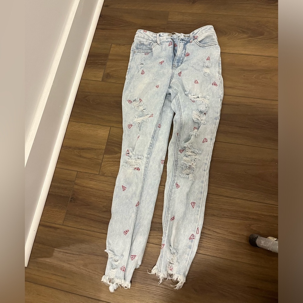 Light Wash Distressed Women's Jeans with Pizza Accents
